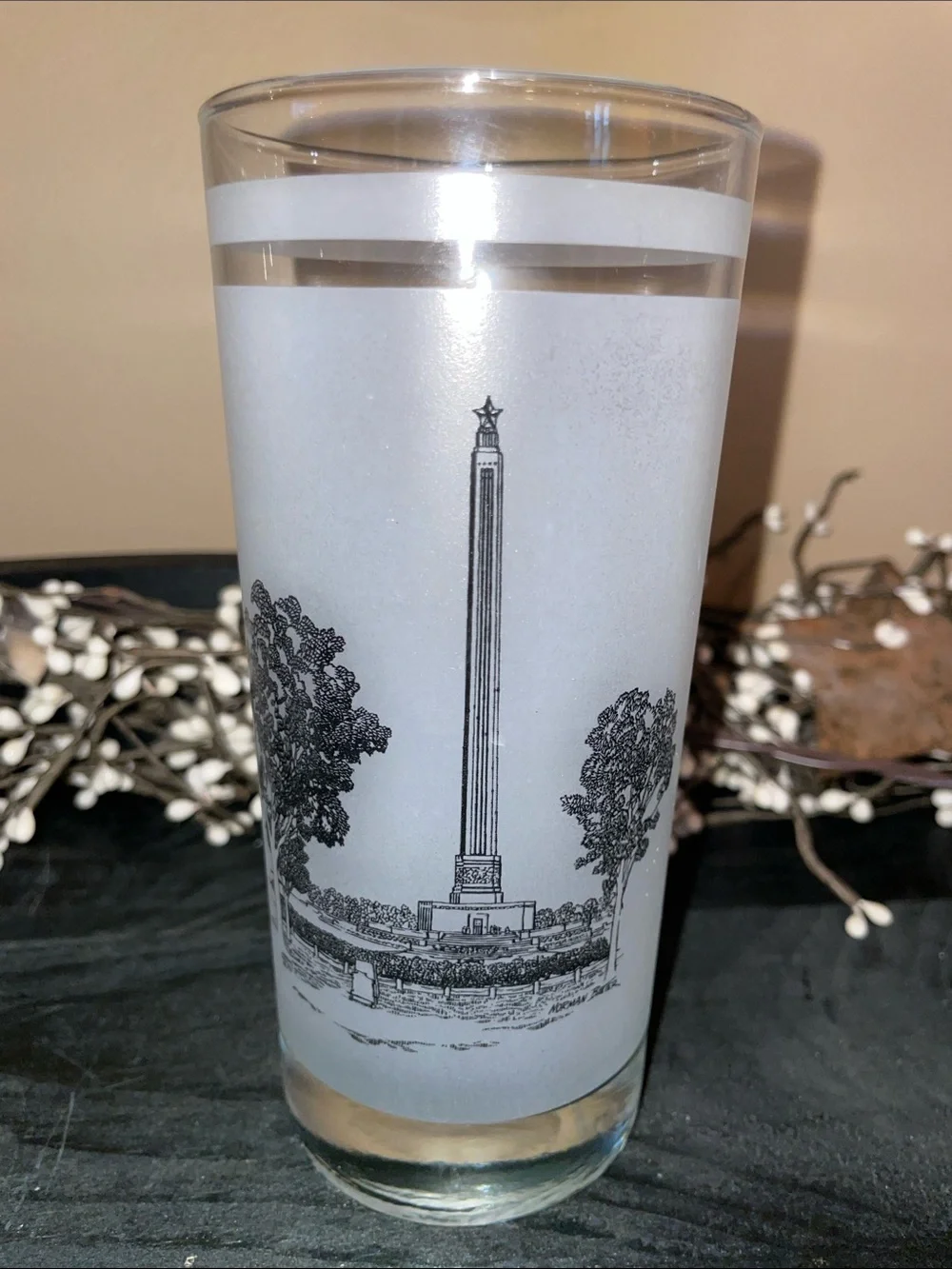 Two Texas Vintage 150th Anniversary Frosted Glasses 1986-Alamo & San Jacinto
